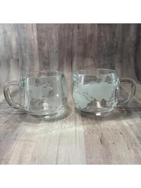 Set of 2 VTG Nestle Nescafe World Globe Coffee Cups Heavy Mugs Clear Etched